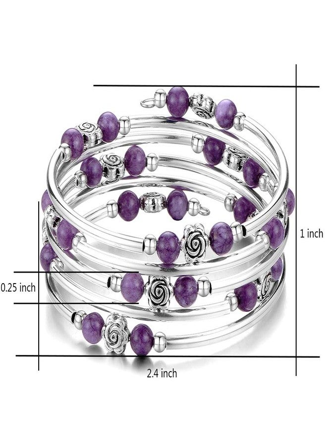 BULINLIN Wrap Bangle Rose Bead Bracelet - Beaded Bracelet with Natural Agate Stone Gifts For Women(01-Purple stone) - Image 3